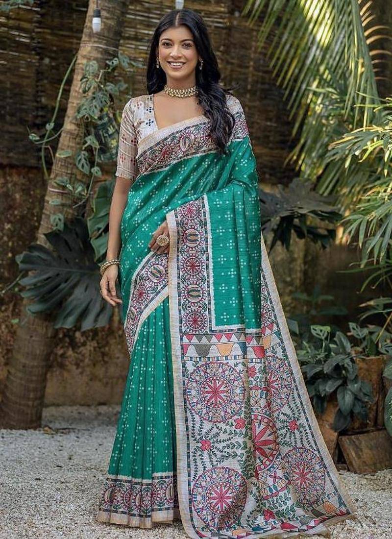 Rama color tussar silk madhubani print sarees