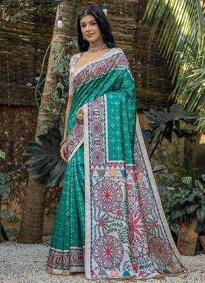Rama color tussar silk blend madhubani print sarees 2