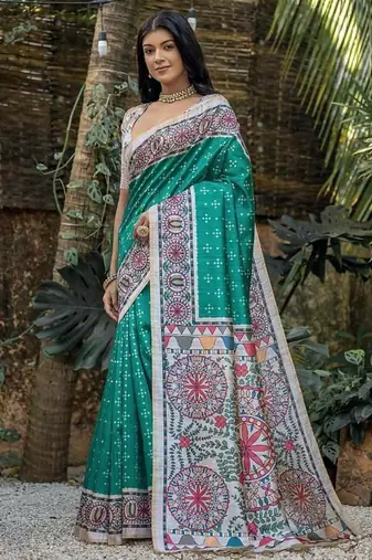 Rama color tussar silk blend madhubani print sarees