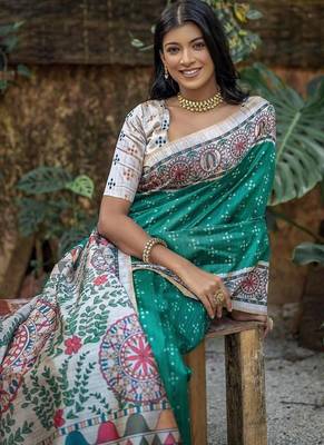 Rama color tussar silk blend madhubani print sarees 3