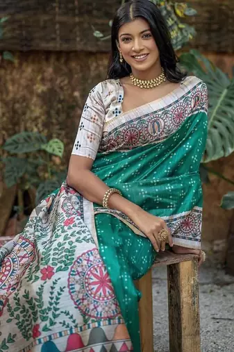 Rama color tussar silk blend madhubani print sarees