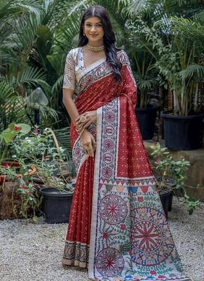 Red color tussar silk blend madhubani print sarees 1