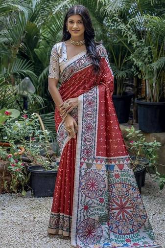 Red color tussar silk madhubani print sarees