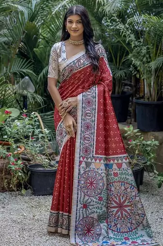 Red color tussar silk blend madhubani print sarees