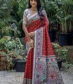 Red color tussar silk blend madhubani print sarees