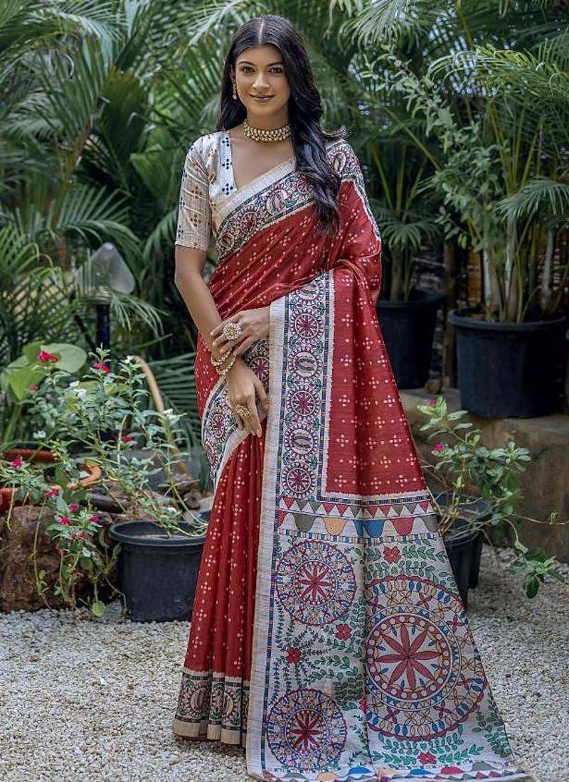 Red color tussar silk madhubani print sarees