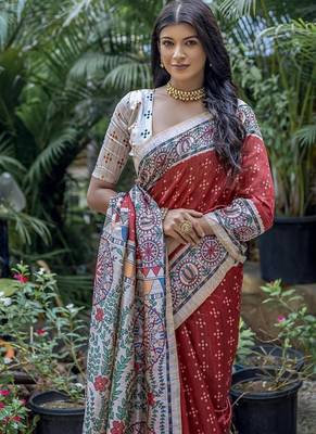 Red color tussar silk blend madhubani print sarees 2