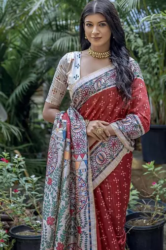 Red color tussar silk blend madhubani print sarees