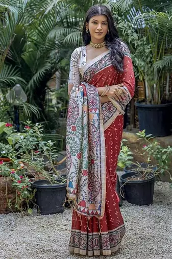 Red color tussar silk blend madhubani print sarees