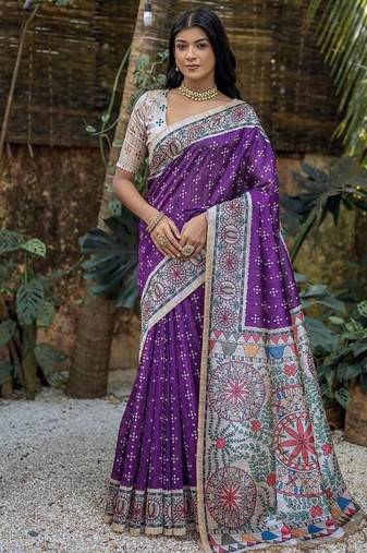 Wine color tussar silk madhubani print sarees