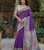 Wine color tussar silk blend madhubani print sarees