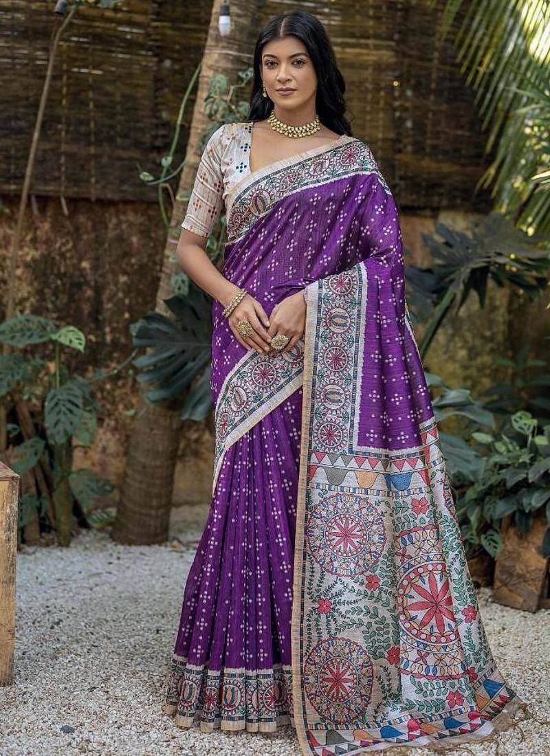 Wine color tussar silk madhubani print sarees