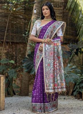 Wine color tussar silk blend madhubani print sarees 2
