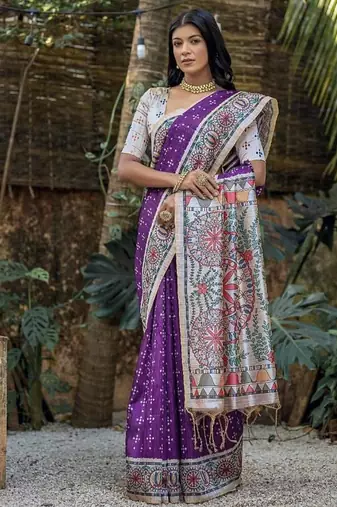 Wine color tussar silk blend madhubani print sarees