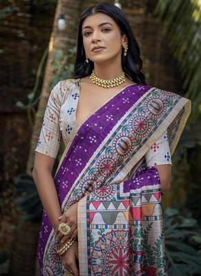 Wine color tussar silk blend madhubani print sarees 3