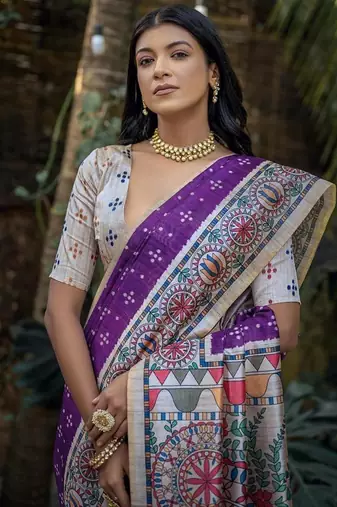 Wine color tussar silk blend madhubani print sarees