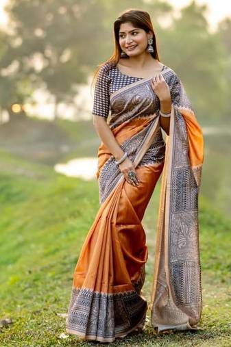 Musturd color tussar silk madhubani print sari