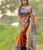 Musturd color tussar silk blend madhubani print sari