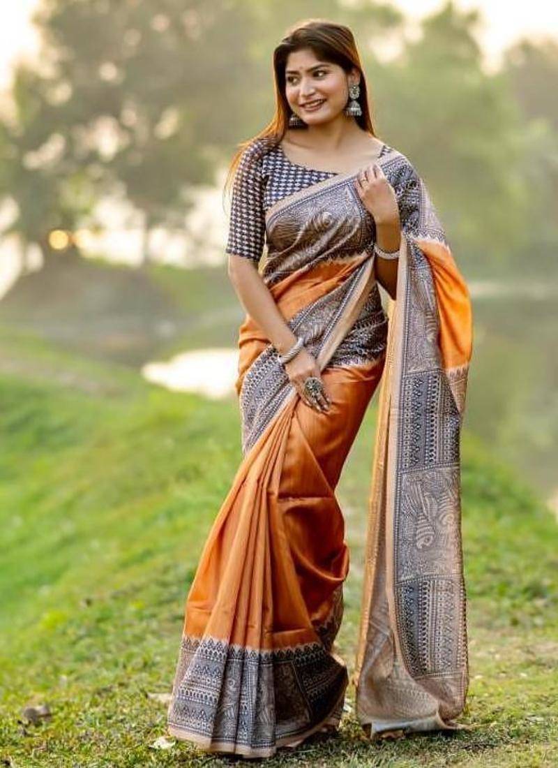 Musturd color tussar silk madhubani print sari