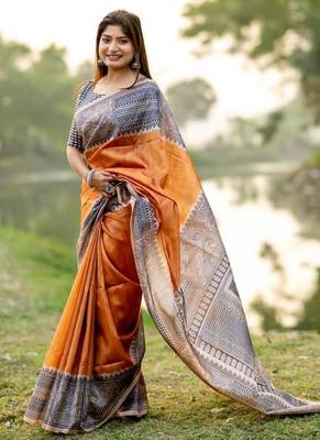 Musturd tussar silk blend madhubani print sari 2