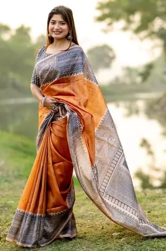 Musturd color tussar silk blend madhubani print sari