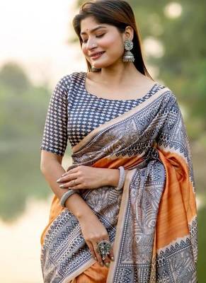 Musturd tussar silk blend madhubani print sari 3