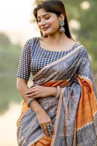 Musturd color tussar silk blend madhubani print sari
