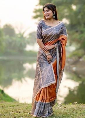 Musturd tussar silk blend madhubani print sari 4
