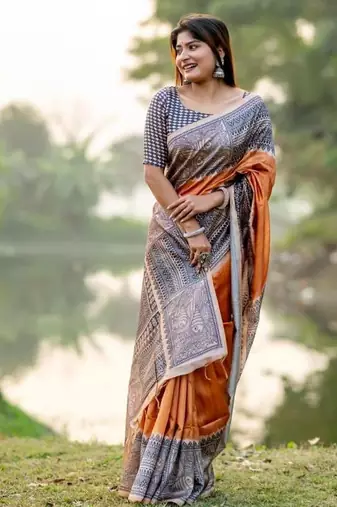 Musturd color tussar silk blend madhubani print sari