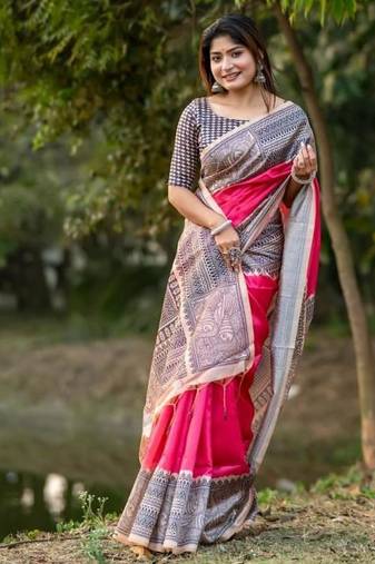 Pink color tussar silk madhubani print sari