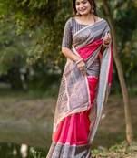 Pink color tussar silk blend madhubani print sari