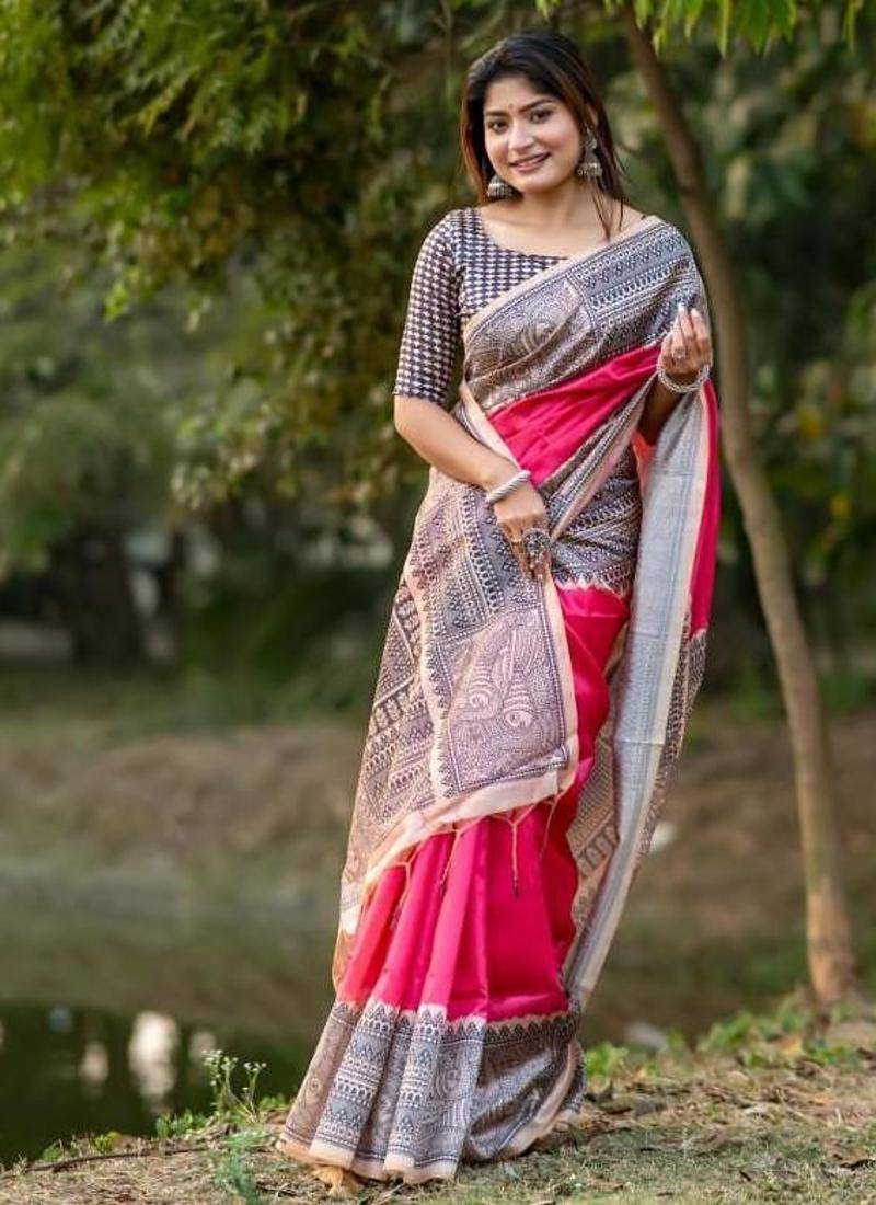 Pink color tussar silk madhubani print sari