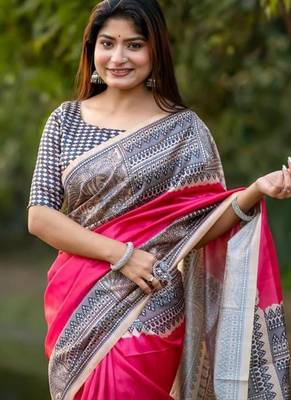 Pink color tussar silk blend madhubani print sari 2