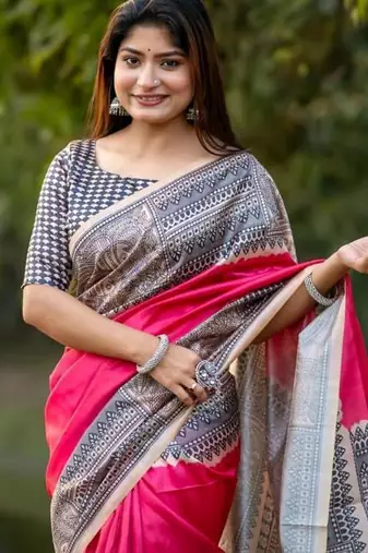 Pink color tussar silk blend madhubani print sari