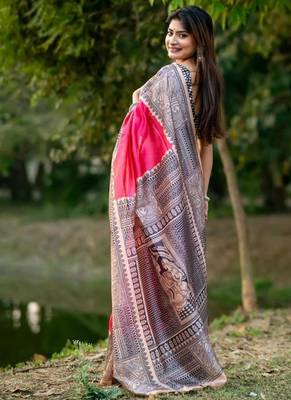 Pink color tussar silk blend madhubani print sari 3