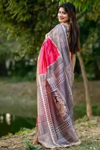 Pink color tussar silk blend madhubani print sari