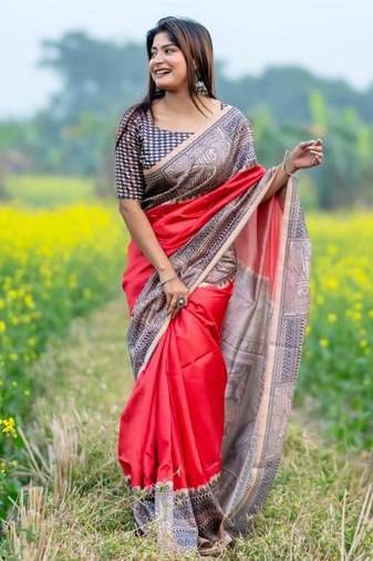 Red color tussar silk madhubani print sari
