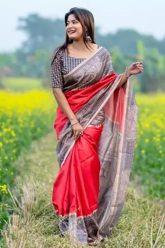 Red color tussar silk blend madhubani print sari