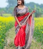Red color tussar silk blend madhubani print sari