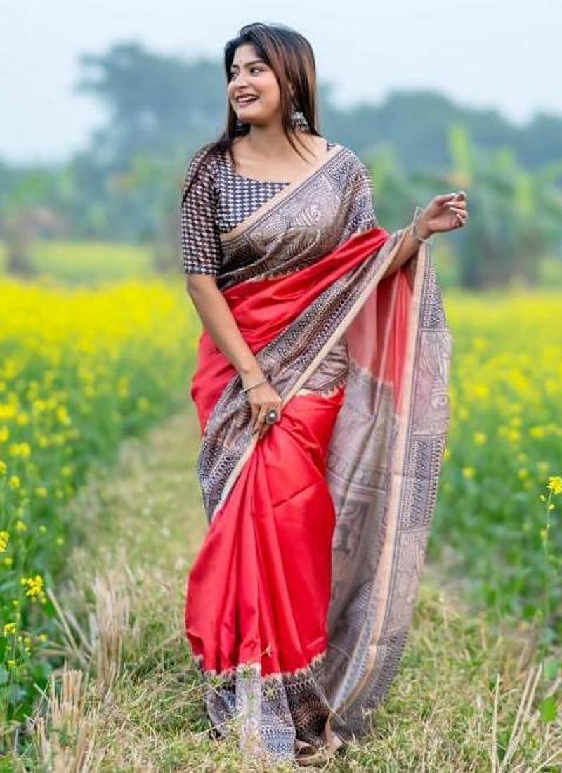 Red color tussar silk madhubani print sari