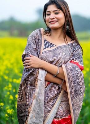 Red color tussar silk blend madhubani print sari 3