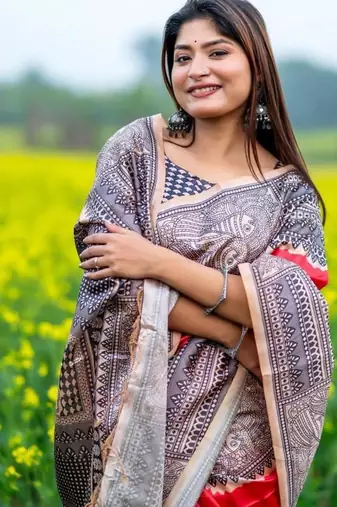 Red color tussar silk blend madhubani print sari