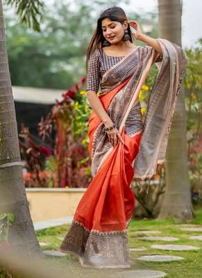 Orange color tussar silk blend madhubani print sari 1