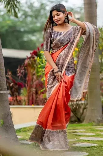 Orange color tussar silk madhubani print sari