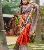 Orange color tussar silk madhubani print sari