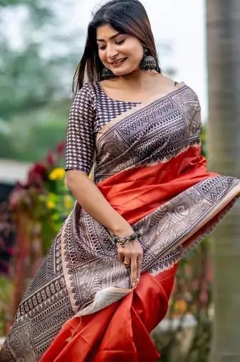 Orange color tussar silk blend madhubani print sari