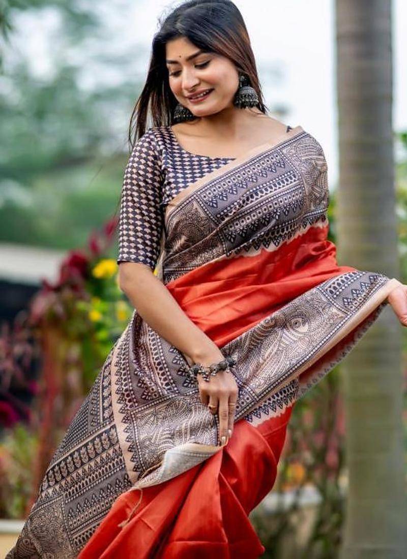 Orange color tussar silk madhubani print sari