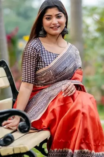 Orange color tussar silk blend madhubani print sari