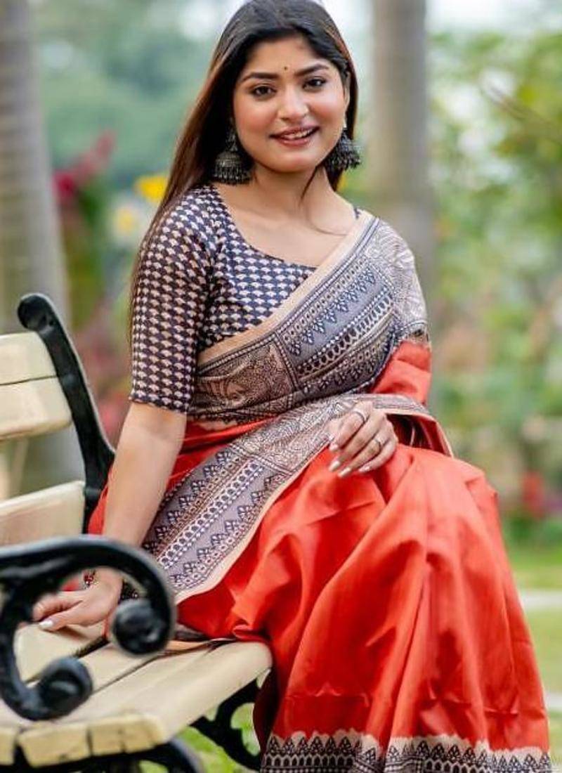 Orange color tussar silk madhubani print sari