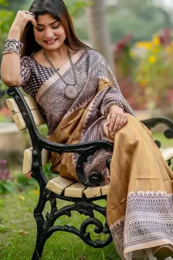 Orange color tussar silk blend madhubani print sari